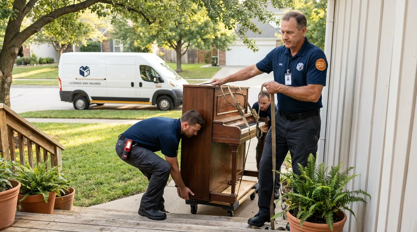 Licensed piano movers securing grand piano in Stockville, NE