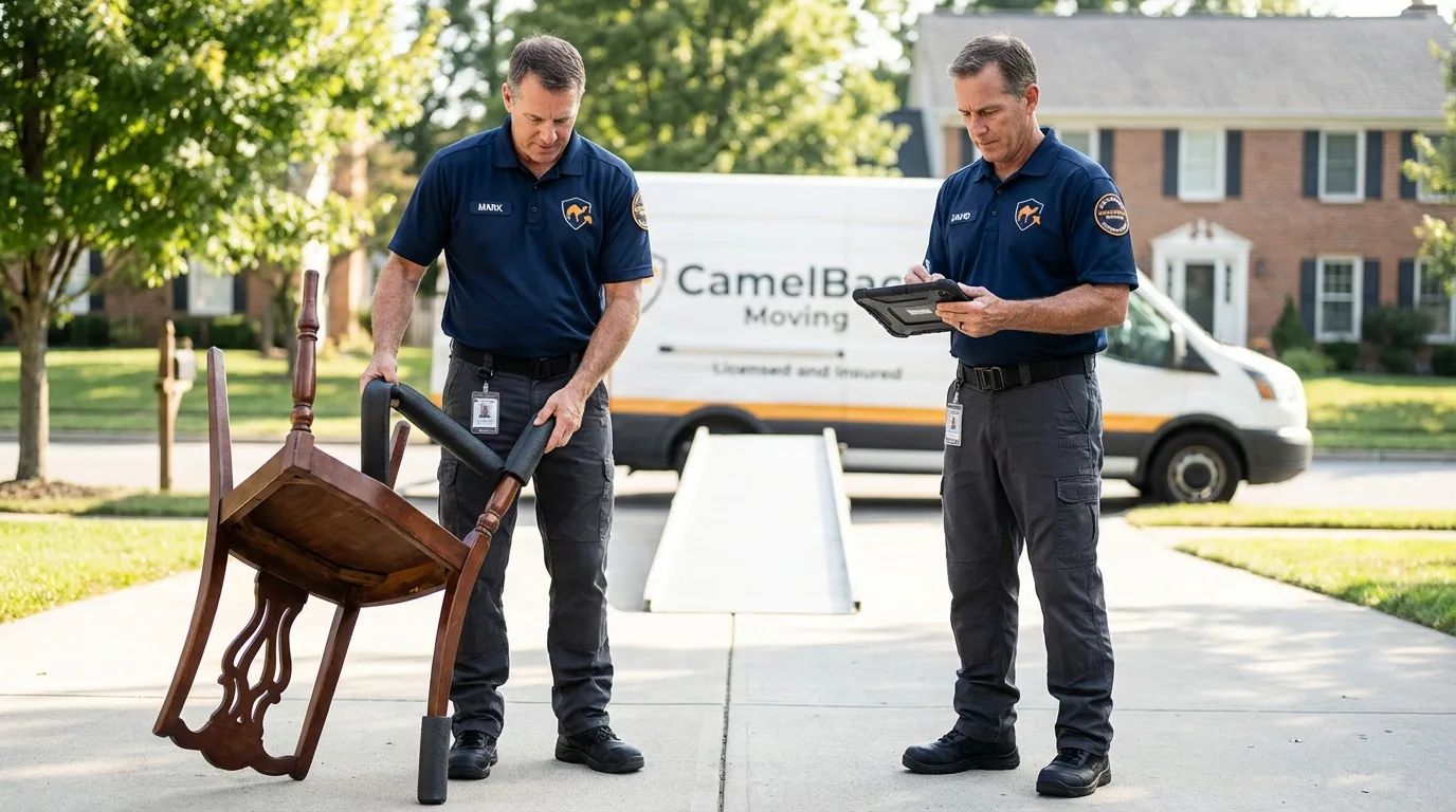 Movers inspecting furniture for damage prevention before loading in Stockville, NE