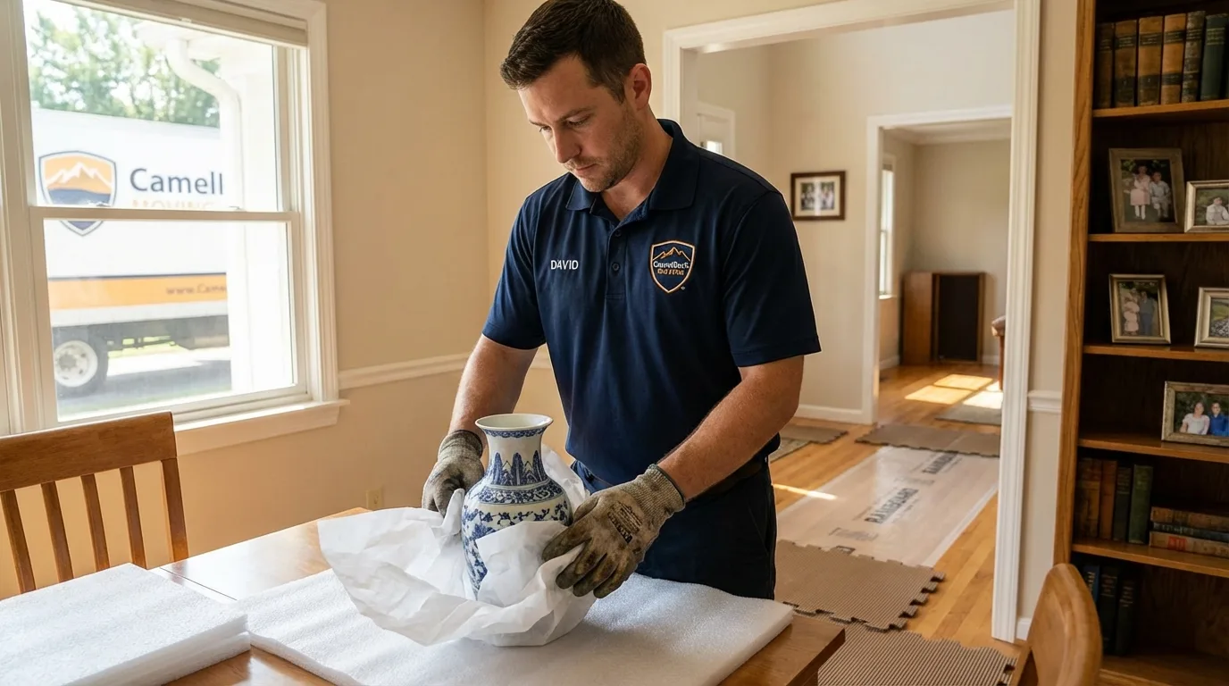 Professional crew carefully wrapping antique vase for senior downsizing move in Stockville, NE